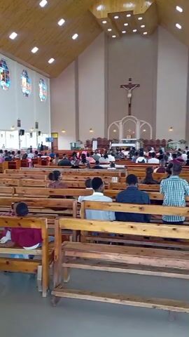 The video shows the inside of a church. Rows of wooden pews are occupied by people, most facing towards the altar. A large crucifix hangs above the altar. Light streams in from high windows on both sides. The church has a high, gabled ceiling with wooden panels. There are decorative stained-glass windows. The people are dressed in a variety of casual clothes. A few children can be seen in the pews. The camera pans slowly across the scene.