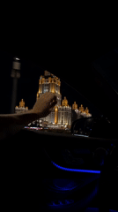 Nighttime Moscow landmark viewed from car interior
