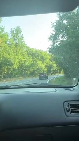 The video shows a view from inside a car driving on a road surrounded by trees. Two cars are visible on the road ahead, one black and one white. The black car is in front and appears to be moving away from the camera. The white car is behind the black car and seems to be passing it. The trees are lush and green, suggesting a warm climate. The sky is clear and blue, with the sun shining brightly. The road is paved and appears to be in good condition. The dashboard of the car is visible in the foreground.