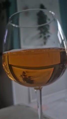 A close-up, slightly out-of-focus video shows a glass of amber-colored liquid, likely wine or liquor. The liquid is settled, with a few small bubbles visible near the surface in the first few frames, then it becomes completely still. The glass is on a stem, and the background is blurred, showing a wall with some hanging art or greenery, and what appears to be furniture. The lighting suggests an indoor, possibly evening setting.