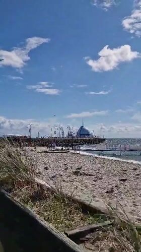 Beach, boardwalk market, and live clarinet at a coastal spot