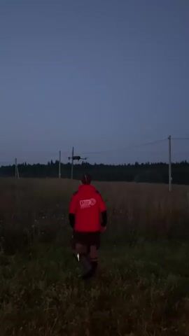 A person wearing a red jacket and brown pants is standing in a field at dusk, facing away from the camera. The person is holding a dark object in their raised right hand, which appears to be a phone or camera. The person is standing in a grassy field with tall weeds. In the background, there are utility poles with wires strung between them, and a line of trees can be seen in the distance. The sky is a dark blue, indicating it is either early morning or late evening.