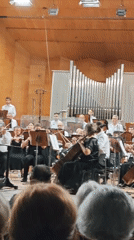 Live orchestral concert with violin soloist in a wood-paneled hall