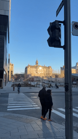 Couple stands at Montreal crosswalk near historic ornate building