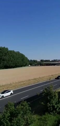 An aerial view shows a blue car driving on a road next to a field of wheat. There are green trees on the left side of the road and in the foreground. In the distance, there are buildings and a clear blue sky. The car is the only moving object in the frame. The lighting suggests it is daytime.