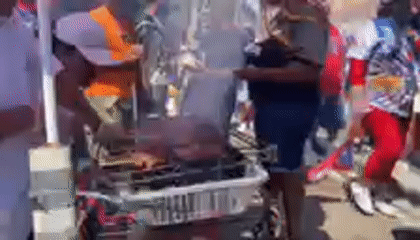 NYC street festival with food vendors and patriotic attire
