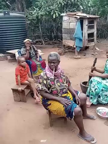 The video shows four people sitting outdoors in what appears to be a rural area. An older woman sits in the foreground, wearing a colorful patterned top and yellow skirt, with a white object in her mouth that resembles a cigarette. Behind her, a woman wearing a head covering and colorful dress stands up from her seat. To the left of the older woman, a young girl in an orange outfit sits on a wooden stool. To the right of the older woman, another woman wearing a green and blue patterned dress sits and appears to be using a long, slender object, possibly a pestle, in a mortar.

The setting includes a large, dark-colored water tank, a small, makeshift wooden structure with a blue cloth hanging from it, and various trees and foliage in the background. The ground is reddish dirt.