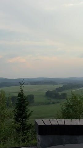 The video shows a landscape view from a high vantage point. In the foreground, there is a wooden bench with a dark grey stone base, partially obscuring the view. To the left, a tall evergreen tree stands prominently. The middle ground features a sprawling green valley with scattered trees and fields, bisected by a winding road. Power lines are visible in the distance. The background consists of rolling hills fading into a hazy horizon under a pale, cloudy sky. The overall impression is a serene rural vista.
