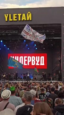This is a vertical, medium-shot video taken from a crowd at an outdoor music festival. In the background, a large stage with a bright red screen displaying large white text is visible. Above the stage, a large yellow sign reads "Y LETAI". Several flags are flying; one prominent flag in the foreground has a Union Jack design and the words "PUNK IS NOT DEAD". To the left of the stage, another flag, blue with a yellow emblem, is flying. To the right of the stage, a flag with red and green horizontal stripes is visible. A band is performing on stage, with musicians playing instruments and a singer at a microphone. The crowd in front of the stage is densely packed, with many people holding up their phones to record. The overall atmosphere appears to be energetic and festive.