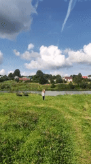 Summer morning in a Russian village meadow by the water