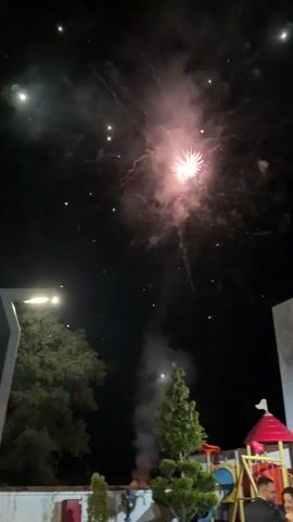 The video shows fireworks going off in the night sky. The explosions feature red, white, gold, and blue lights. There is smoke from the fireworks. The fireworks are happening near buildings and trees. There is a playground in the foreground. People can be seen in the lower right corner of the frame. A streetlight can be seen on the left.
