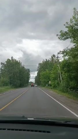 The video shows a view from inside a vehicle traveling on a paved road lined with tall green trees on both sides. The sky is overcast with gray clouds. Several cars and a truck are visible on the road ahead. There are power lines running along the right side of the road. Road signs and traffic lights are also visible. The road appears to be in a rural or semi-rural setting.