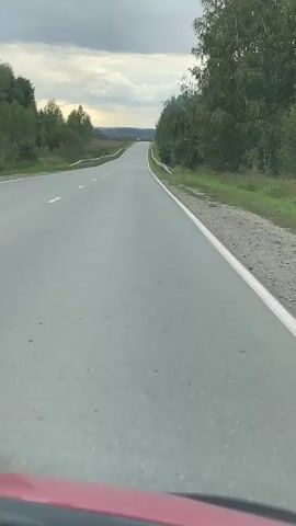 The video shows a view from inside a vehicle looking forward along a two-lane asphalt road. The road is bordered by guardrails and grassy areas, with trees lining both sides. The road appears to curve slightly to the left before straightening out and continuing into the distance, where it ascends a gentle hill. The sky is overcast with clouds. The perspective suggests the vehicle is in motion, traveling down the road.