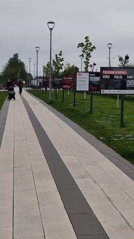 The video shows a paved walkway in a park on an overcast day. The walkway has alternating rows of light gray and dark gray rectangular pavers. On the right side of the walkway, there are multiple signs with information about the Rzhev Memorial. The signs are spaced apart and are mounted on posts. A grassy area is to the right of the signs. On the left side of the walkway, there are street lamps. In the distance, there are a couple of people walking along the walkway, one of whom is pushing a stroller. The video also captures the sound of traffic.