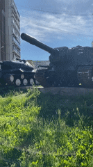 Soviet tank memorial and stone amphitheater in Yekaterinburg park