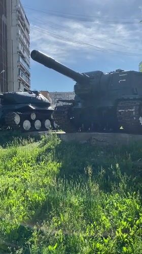 Soviet tank memorial and stone amphitheater in Yekaterinburg park