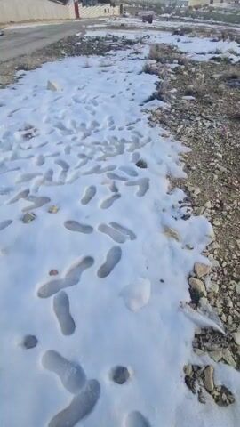A first-person perspective video shows a person's leg in dark green pants and a black boot stepping onto a patch of snow. The ground is partially covered in snow, with exposed areas of gravel and small rocks. The background includes a field with some vegetation and structures in the distance. The sky is overcast. The person takes a step forward, leaving footprints in the snow.