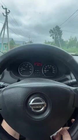 The video begins from the driver's perspective inside a car. The steering wheel with the Nissan logo is in the foreground. The dashboard shows the speedometer and odometer. A cloudy sky is visible through the windshield. The car appears to be moving on a road in a rural area, with houses and trees on either side. The camera then shifts to show a fluffy, light-colored dog sitting on the passenger seat, looking out the window. The car continues to drive, and the video ends with another view of the dashboard and the road ahead. The scene is well-lit, indicating it is daytime.