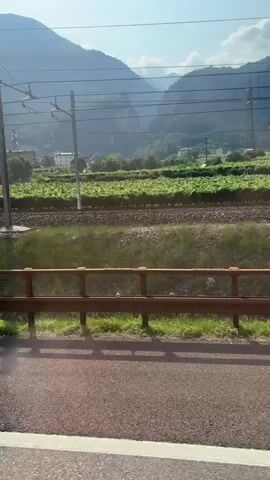 The video appears to be filmed from inside a moving vehicle, possibly a train. The first frame shows a landscape with mountains in the background, a train track, and vegetation. The subsequent frames show the interior of the vehicle, which seems to have a reflective metal surface and a closed door. The exterior landscape is visible again in the final frame, with a small white building near the train tracks.