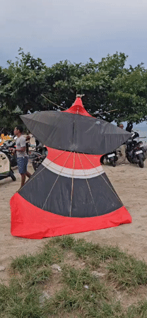 Traditional Balinese kites fly over Denpasar beach morning