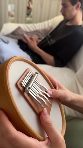 Young man plays kalimba indoors in Sevastopol