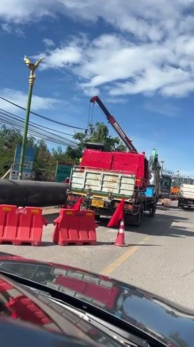 Overnight road construction blocks traffic in Ko Samui, Thailand