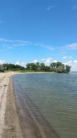 The video shows a wide shot of a calm lake on a clear day. The sky is a vibrant blue with scattered white clouds. The water is a murky green, reflecting the sky and clouds. A sandy shore is visible on the left side of the frame, with some vegetation and trees in the distance. The camera pans to the right, revealing a small island with trees. Further to the right, the lake stretches out to the horizon. A young boy wearing a hat and a patterned shirt is standing at the edge of the water, holding something in his hands. He appears to be looking out at the lake.