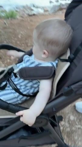 This media file shows a baby in a stroller next to a body of water. The baby is wearing a blue and white striped onesie and is looking to the side. The stroller is dark brown and has a black harness. The background is a bit blurry, but it appears to be a natural setting with trees and rocks. The water looks calm and the sky is cloudy, suggesting it might be early morning or late afternoon. There is no visible text in the media file. The overall mood seems peaceful and relaxed, likely a family outing to enjoy the outdoors.
