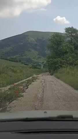 A drone-like shot pans across a dirt road with patches of red flowers on the left side and tall green grass on both sides. The road is uneven and appears to be in disrepair. In the background, a large, green, rolling hill dominates the landscape under a partly cloudy sky. Trees are visible on the right side of the road, and a small village or settlement can be seen nestled in the valley in the distance. The shot seems to be taken from a moving vehicle, possibly a car, as the bottom of the frame shows a dark dashboard.