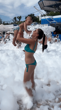 Foam party fun in Sochi, baby in tow
