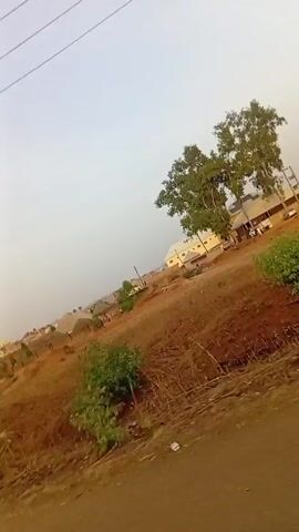 Here is a brief description of the video:
The video appears to be taken from a moving vehicle, showing a rural or developing area. The landscape consists of dry, reddish-brown soil with sparse vegetation. In the distance, there are some buildings, trees, and a tall communication tower.  Overhead, power lines stretch across the sky. The overall impression is of a somewhat arid and sparsely populated location.