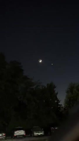 This is a short video clip of a crescent moon and a planet in the night sky, seen through the branches of trees. The moon is visible in the upper left of the frame, and the planet, a small, bright dot, is to its right. The sky is dark, indicating nighttime. In the foreground, the tops of dark green trees are visible, partially obscuring the sky. At the very bottom of the frame, the hoods and roofs of several parked cars can be seen, suggesting the video was taken from a parking lot or street. The video is shaky, indicating it was likely recorded handheld.