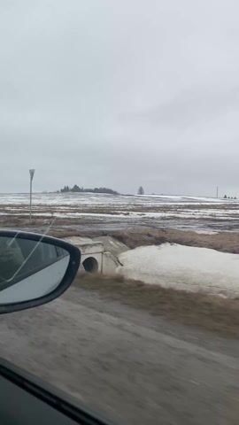 The video shows a view from a car moving along a wet road. The focus is on the landscape seen through the side mirror, showcasing a field partially covered in melting snow. In the distance, there is a small cluster of trees and a single tree standing alone. The sky is overcast and gray. A road sign is visible in the foreground.
