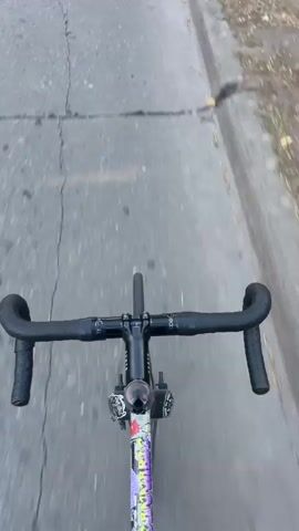 The video shows a person riding a bicycle through a park on a sunny day. The camera appears to be mounted on a bicycle, providing a first-person perspective as the camera moves forward on a paved path. The path is lined with a curb and green grass on the right. Then the camera perspective changes to the side view, when someone riding on a bicycle with a green backpack passes on a paved path in the park. There are many trees with yellow leaves.