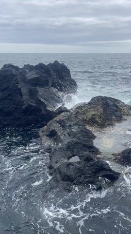 The video shows a rocky shoreline on a cloudy day. Dark rocks surround a small pool of water, and waves crash against the rocks. The ocean stretches to the horizon under a grey sky.