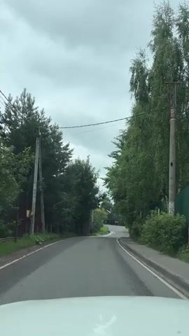 The video shows a point-of-view shot from a vehicle driving down a wet, paved road that curves to the right. The road is bordered by lush green trees and foliage on both sides. On the left, there is a utility pole with wires and a small brown building. On the right, a green fence is visible behind the trees. The sky is overcast with gray clouds. The road appears to be in a rural or suburban setting, possibly a village or small town, with a few distant buildings visible further along the road. There are no people or other vehicles in the immediate vicinity. The overall atmosphere is calm and slightly moody due to the weather.