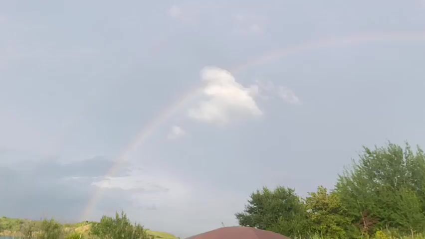 The video captures a wide shot of a sky with a faint rainbow arching across it. A few fluffy white clouds are scattered in the light gray sky. Below the sky, a line of green trees runs horizontally across the bottom of the frame, with some foliage extending upwards. The lighting suggests it is daytime, possibly after a rain shower, given the presence of the rainbow. No people or specific objects are discernible in the foreground.