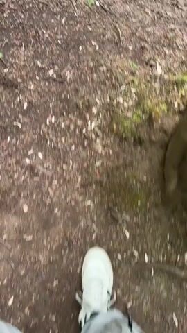 The video starts with a low-angle shot of a person’s foot, clad in a light-colored sneaker, walking on a dirt path covered with leaves and small twigs. The camera quickly pans up and forward, revealing a small, multi-tiered waterfall cascading over rocks and mossy terrain. The camera continues to move, showcasing the surrounding lush green forest, including trees, foliage, and a stream flowing away from the waterfall. The water is clear and reflects the surrounding greenery. The trees are covered with ivy. The camera movement suggests the videographer is continuing to walk along the path adjacent to the stream and waterfall.