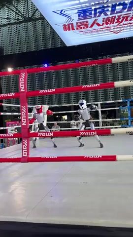 Two robots, one predominantly white with black accents and the other primarily silver with red accents on its head and gloves, are engaged in a boxing match within a red-roped ring. The white robot is positioned on the right side of the ring, while the silver robot is on the left. Both robots are wearing boxing gloves. The ring has white and red ropes and poles, with the word "MALON" repeated vertically on the poles. In the background, a large banner displays Chinese characters and the word "CHONGQING" in English, suggesting the location of the event. Several spectators are visible behind the ring, watching the match. The floor of the ring is a light-colored mat. The lighting suggests an indoor venue.