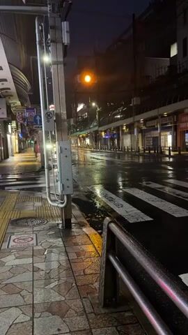 This is a vertical video clip of a street scene at night, possibly after rain, as evidenced by the wet pavement reflecting the artificial lights. The camera is positioned at sidewalk level, looking down a street. In the foreground, a sidewalk made of patterned stone tiles is visible, with a metal railing on the right. A pedestrian crossing with white stripes is also prominent. A traffic light is visible in the middle distance, cycling from yellow to red. Buildings with illuminated shop windows line the street on both sides. A car with headlights on is driving down the street, its reflection visible on the wet surface. The overall atmosphere is dark and wet, with a sense of quiet urban ambiance.