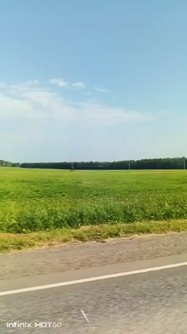 The video shows a view from a moving vehicle, likely a car, traveling along a paved road. The landscape consists of a vast, flat green field on the left side of the road, stretching towards a dense line of trees in the distance. The sky is clear and blue with a few scattered white clouds. There is a single dark triangular sign on a pole positioned at the edge of the field, close to the road. The camera appears to be positioned to capture the passing scenery.