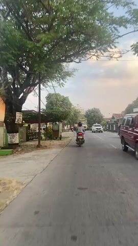 The video shows a street scene in what appears to be a tropical or subtropical region. The time of day is likely late afternoon or early evening, with a golden-hour glow and scattered clouds in the sky. The road is paved and appears to be a two-lane road. There is a sidewalk on the left side of the road with some vegetation and a few structures along it, possibly small businesses or homes. Power lines are visible overhead, supported by poles.

Several vehicles are present on the road. A motorcycle with a rider is in the foreground, traveling in the same direction as the camera. Further down the road, there are other motorcycles, cars, and a large truck. The traffic seems moderate.

On the left side of the road, there is a cart with some items on it, possibly for sale. Trees with dense green foliage are scattered throughout the scene, providing shade. The overall environment suggests a semi-urban or rural area. The video is shot from a moving perspective, likely from another vehicle or a person on a motorcycle, giving a first-person view of the journey.