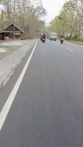 The video begins with a view of a road, with a small, weathered building on the left. The building appears to be a roadside stall or shop, with shelves visible inside. Several trees with bare branches line the side of the road. As the video progresses, the camera moves forward, showing a black asphalt road with a white line marking the lane. A person on a dark-colored scooter, with a red back box, is seen in front of the camera, traveling in the same direction. Further down the road, another scooter is visible, also traveling ahead. The road curves gently to the right, with more trees on both sides. The sky is overcast. Another scooter comes into view on the right side of the road, also moving away from the camera. The video continues to follow the road as it winds through a wooded area, with more scooters visible in the distance. The camera appears to be mounted on a moving vehicle, likely a scooter or motorcycle, given the low perspective and the slight jostling motion. The overall scene depicts a rural or suburban road with light traffic.