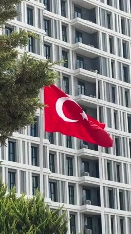 A Turkish flag waves in front of a modern building. The flag is red with a white crescent moon and star. The building has a white facade with many windows. There are trees in the foreground.