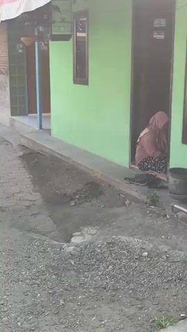 A still frame from a video shows a person wearing a headscarf sitting in a doorway of a lime green building. The person is facing downwards, with their hands in their lap. A small black bird is perched on a cage hanging from a pole to the left of the doorway. The ground in front of the building is paved with small grey stones, and there is a patch of dirt and debris. To the right of the doorway, a black bin is visible. The overall environment appears to be an outdoor residential area.