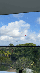 Paragliders spotted flying over tree-lined area from balcony view