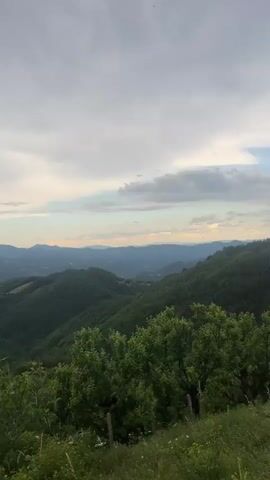 The video shows a panoramic view of rolling green hills under a cloudy sky. In the foreground, there are trees and vegetation. The landscape appears to be rural and natural. No people or animals are visible. The lighting suggests it might be late afternoon or early evening.