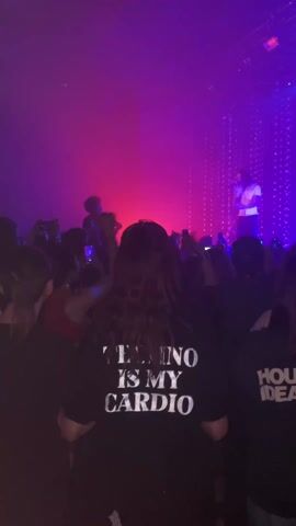 The video shows a live concert scene from the perspective of someone in the audience. In the background, a performer is on stage under red and blue lighting, with a backdrop of hanging chains. Many audience members are visible, holding up their phones to record. A person wearing a black shirt with the text "TECHNO IS MY CARDIO" is prominent in the foreground. Then the video shows two men posing with a party prop. One man in a black and white striped shirt with a tiara looks at the camera and smiles. Then the video goes to the second man who is wearing a baseball cap and a black jacket. He makes a gesture with his hand to obscure the camera.