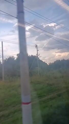 The video shows a view from a moving vehicle, likely a train, looking out a window. The scene is a rural landscape with green grass, tall trees, and utility poles with overhead wires. The sky is cloudy, with a mix of gray and white clouds, and hints of blue. The motion of the vehicle creates a slight blur, especially in the foreground. There are no people or distinct objects visible in the immediate vicinity. The overall impression is of a journey through the countryside on an overcast day.