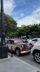 Yerevan street life captured: vintage car, murals, walking dog